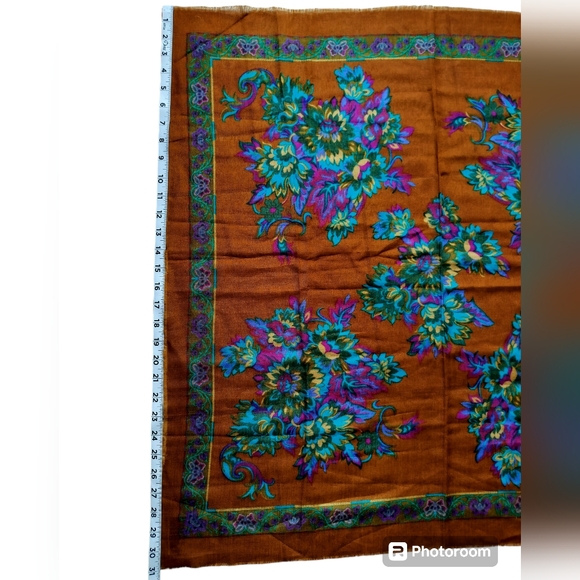 Challis by Berkshire vintage brown bright blue lavender floral scarf acrylic - Picture 6 of 7